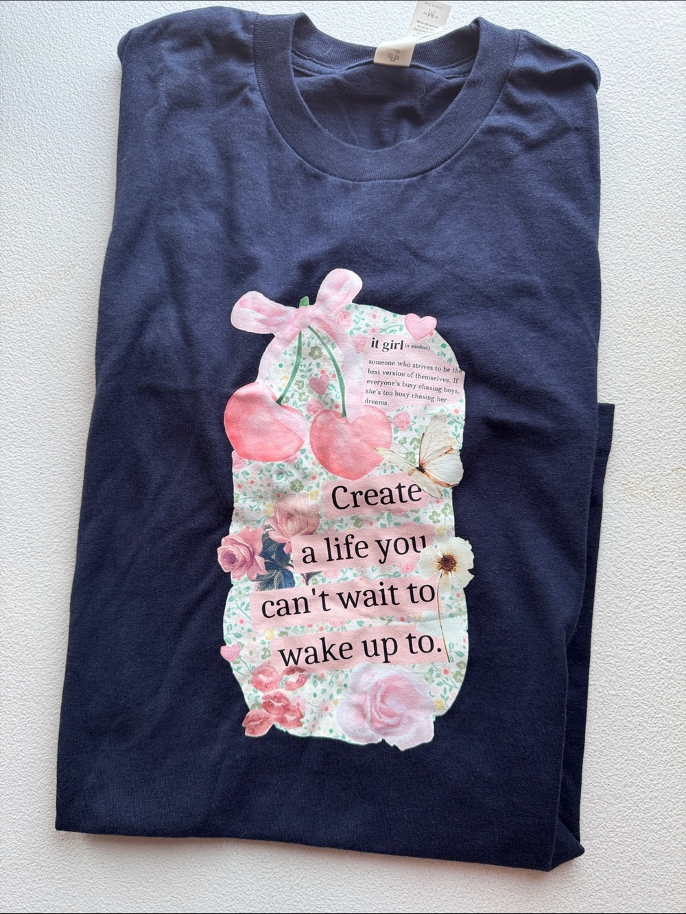 Tultex Navy Tee with Pink Cherry & Floral Graphic